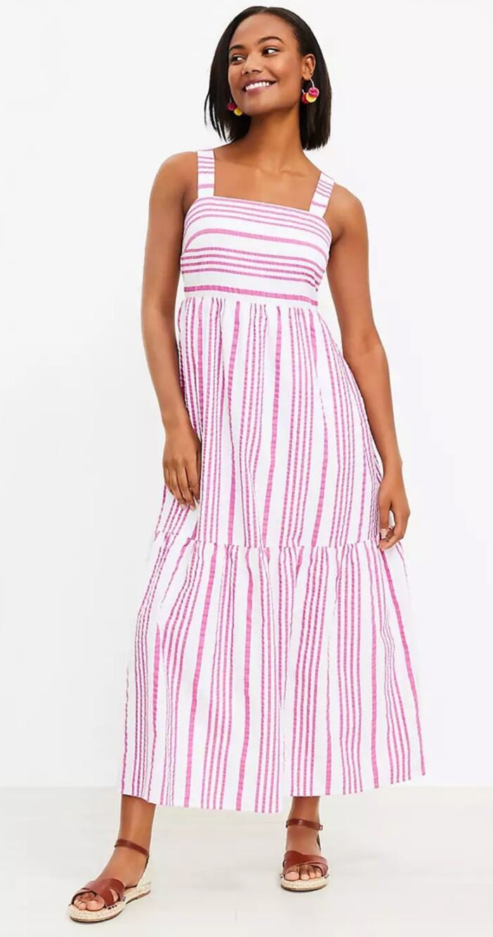 Loft Sleeveless Striped Tiered Maxi Pocket Dress Womens Size Large White Purple